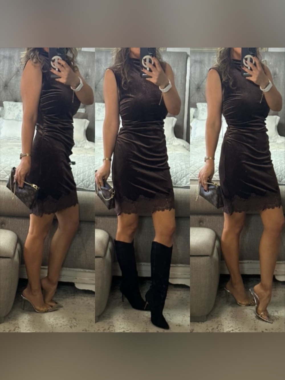 New🍂🤎Chocolate Brown Velvet Lace Trim Mini Dress 🤎